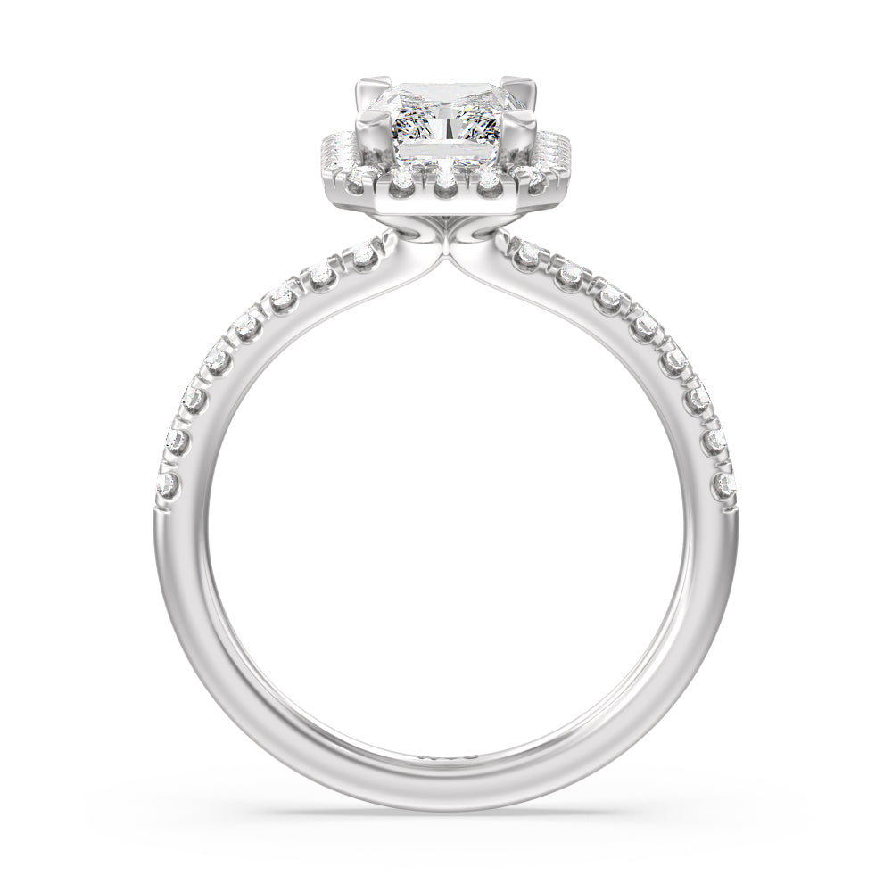 Seamless Diamond Shank Halo Engagement Ring with Radiant Cut Diamond in 14KT Platinum view 2

