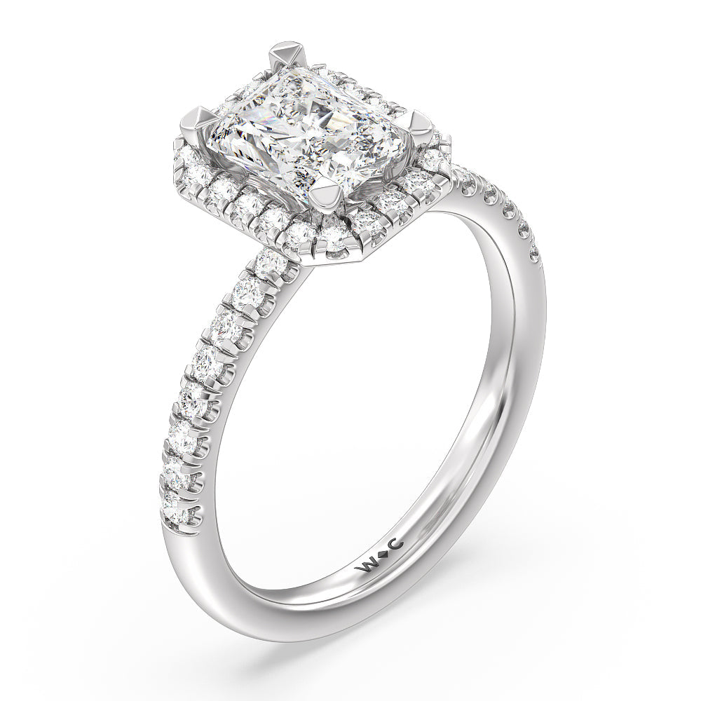 Seamless Diamond Shank Halo Engagement Ring with Radiant Cut Diamond in 14KT Platinum view 3
