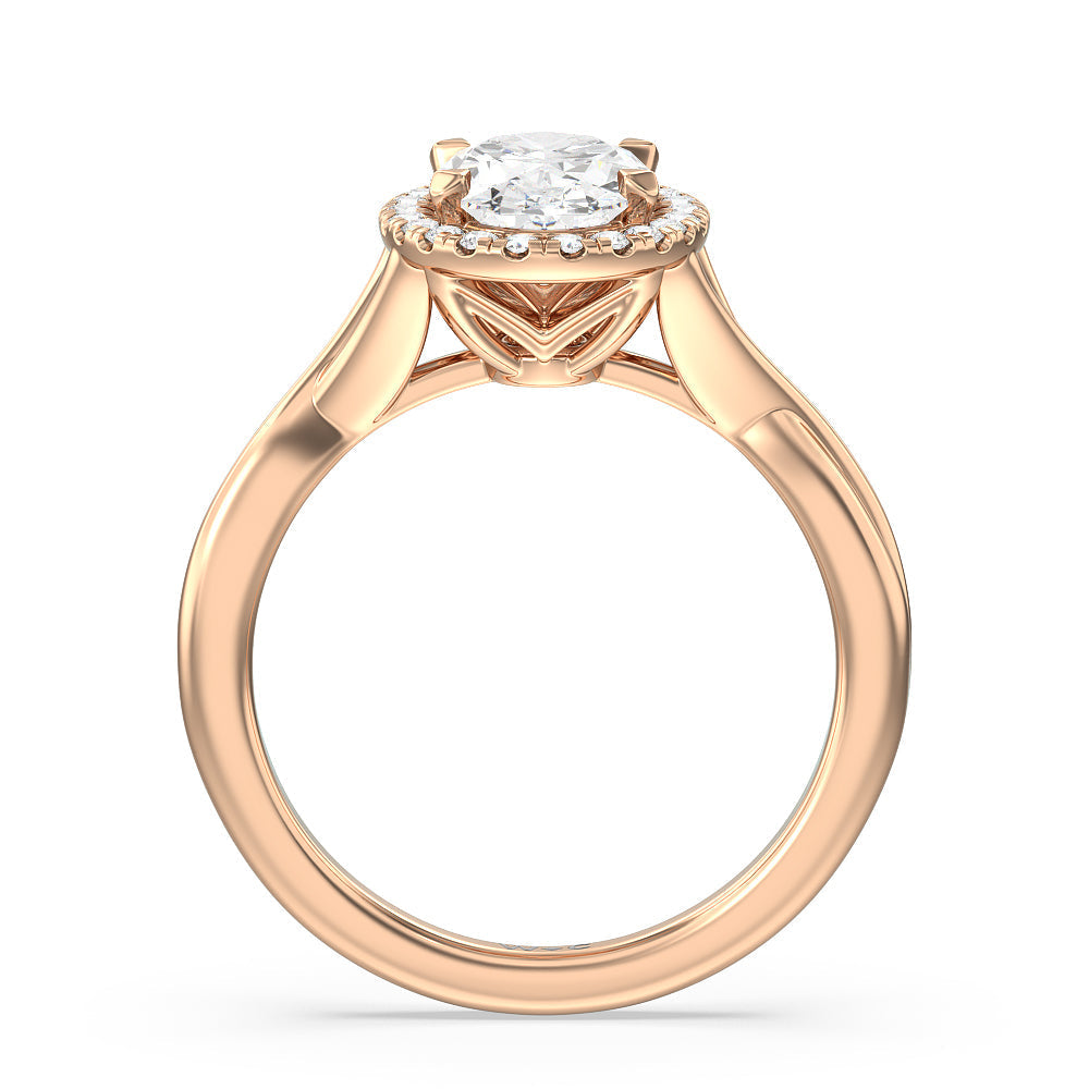 Oval Cut Criss Cross Shank Halo Engagement Ring with Lab Grown Diamond in 14KT Rose Gold view 2
