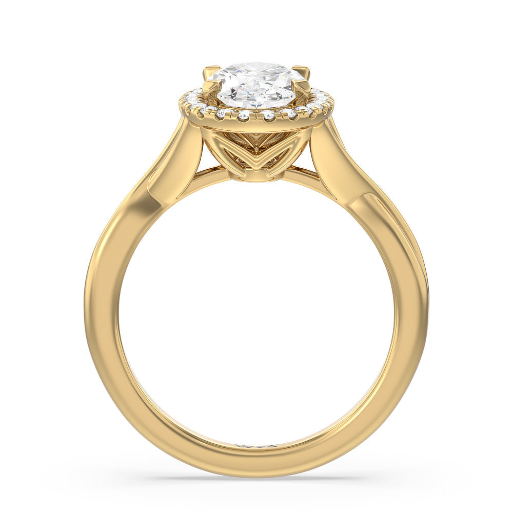 Oval Cut Criss Cross Shank Halo Engagement Ring with Lab Grown Diamond in 14KT Yellow Gold view 2
