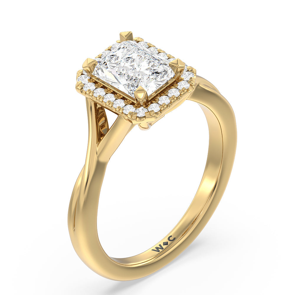 Radiant Cut Criss Cross Shank Halo Engagement Ring with Lab Grown Diamond in 14KT Yellow Gold view 3
