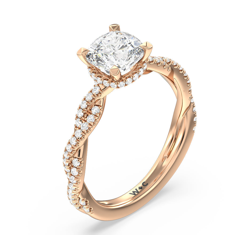 Twisted Shank Hidden Halo Engagement Ring with Cushion Cut Diamond in 14KT Rose Gold view 3
