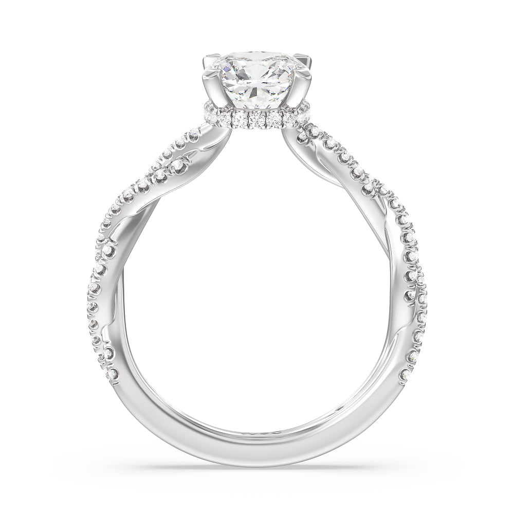 Twisted Shank Hidden Halo Engagement Ring with Cushion Cut Diamond in 14KT Platinum view 2
