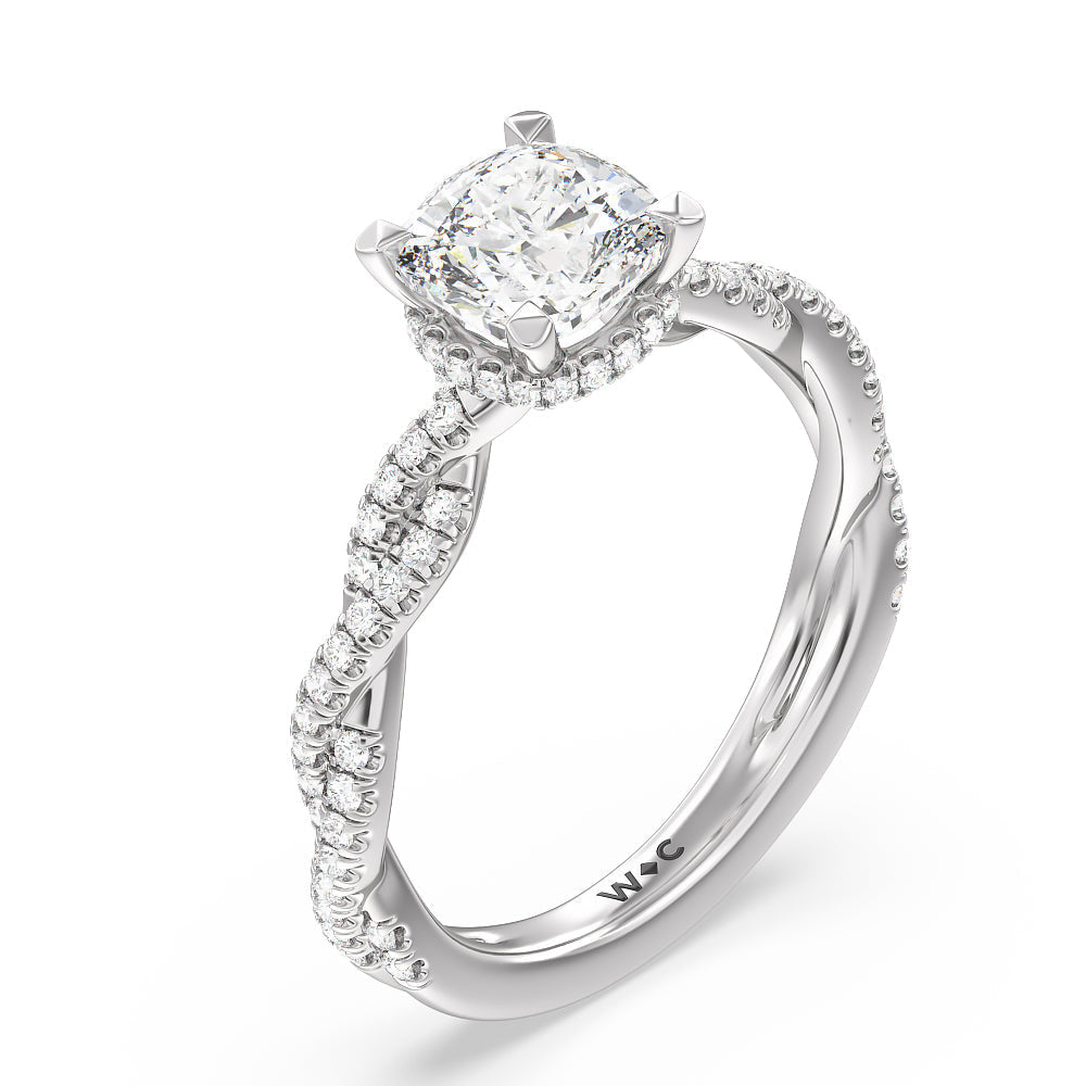 Twisted Shank Hidden Halo Engagement Ring with Cushion Cut Diamond in 14KT Platinum view 3
