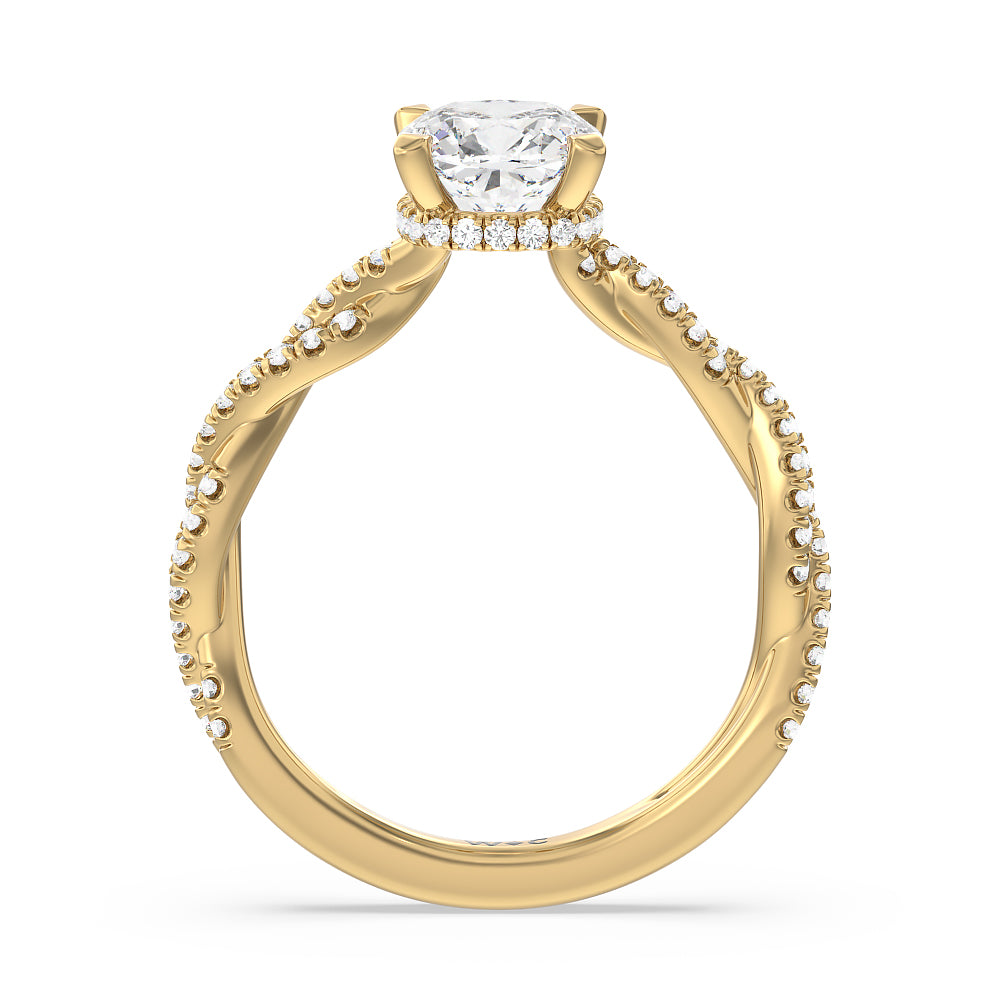 Twisted Shank Hidden Halo Engagement Ring with Cushion Cut Diamond in 14KT Yellow Gold view 2
