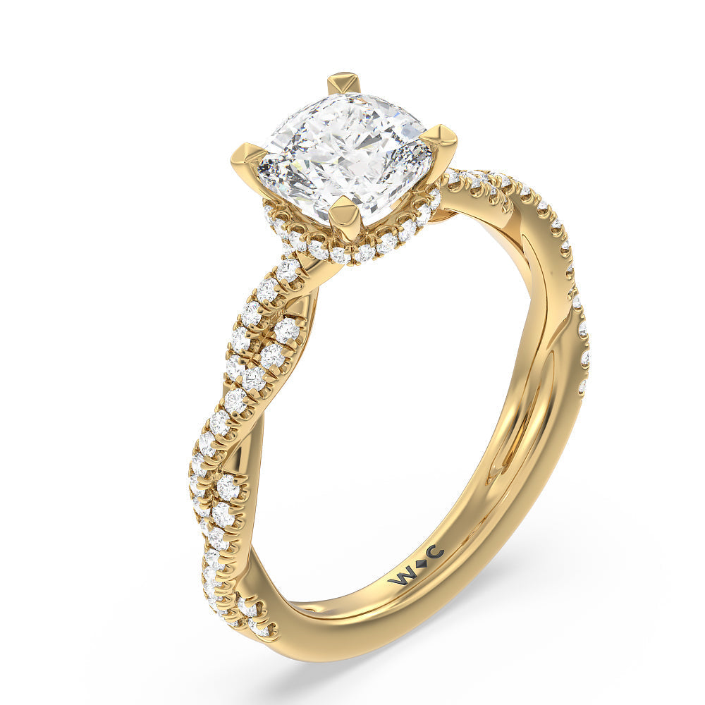 Twisted Shank Hidden Halo Engagement Ring with Cushion Cut Diamond in 14KT Yellow Gold view 3
