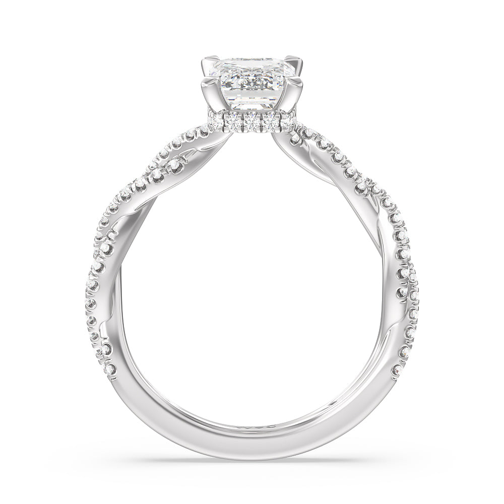 Twisted Shank Hidden Halo Engagement Ring with Emerald Cut Diamond in 14KT Platinum view 2
