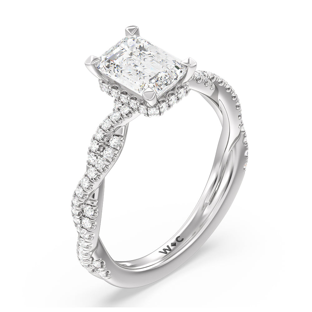 Twisted Shank Hidden Halo Engagement Ring with Emerald Cut Diamond in 14KT Platinum view 3
