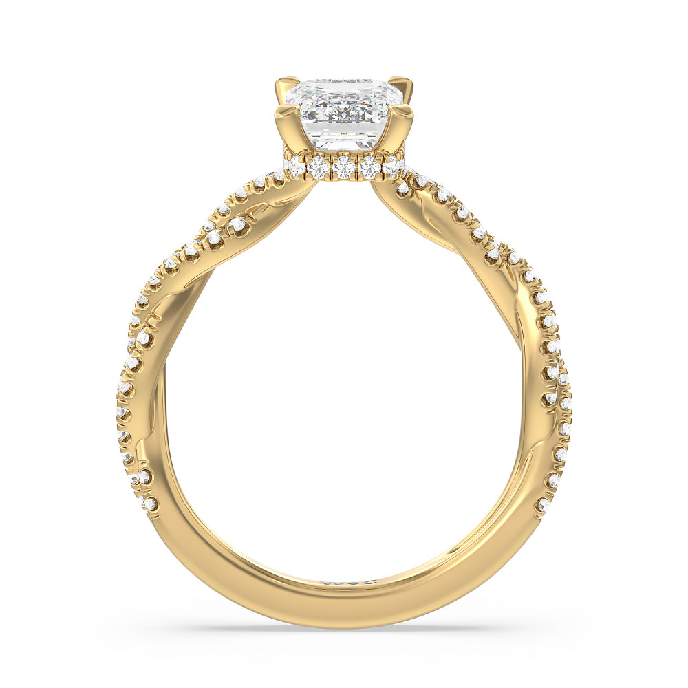 Twisted Shank Hidden Halo Engagement Ring with Emerald Cut Diamond in 14KT Yellow Gold view 2
