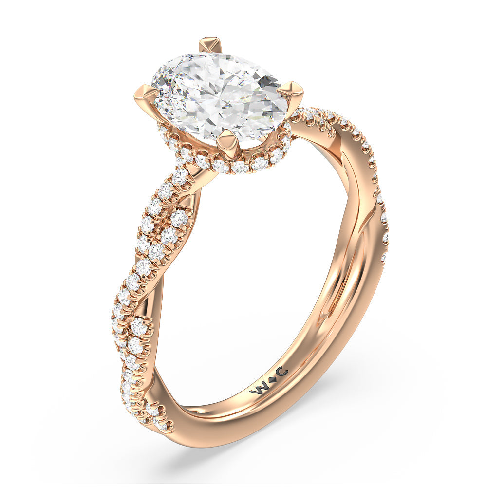 Twisted Shank Hidden Halo Engagement Ring with Oval Cut Diamond in 14KT Rose Gold view 3
