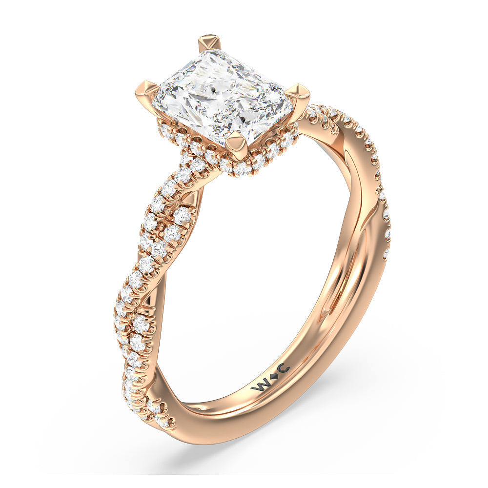 Twisted Shank Hidden Halo Engagement Ring with Radiant Cut Diamond in 14KT Rose Gold view 3
