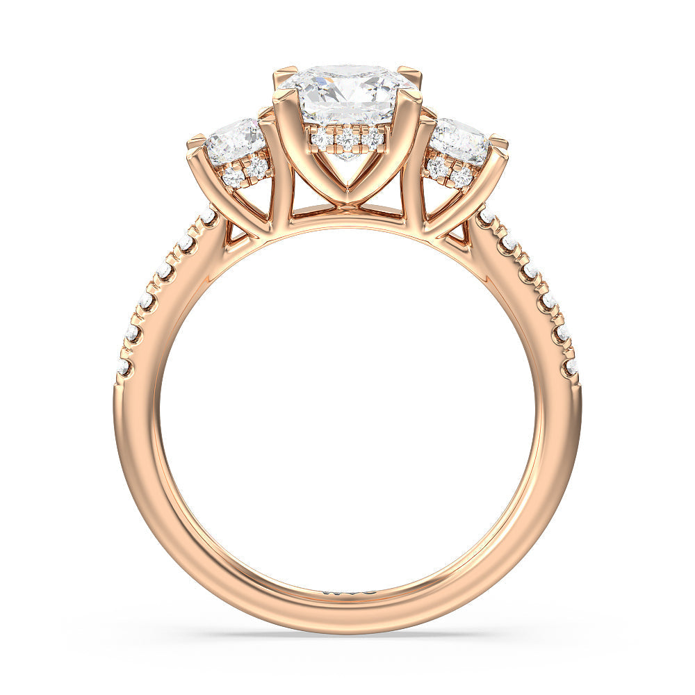 Cushion Cut Three Stone Hidden Halo Cathedral Engagement Ring with Lab Grown Diamond in 14KT Rose Gold view 4
