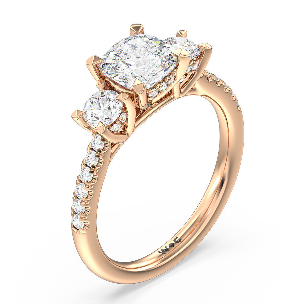 Cushion Cut Three Stone Hidden Halo Cathedral Engagement Ring with Lab Grown Diamond in 14KT Rose Gold view 5

