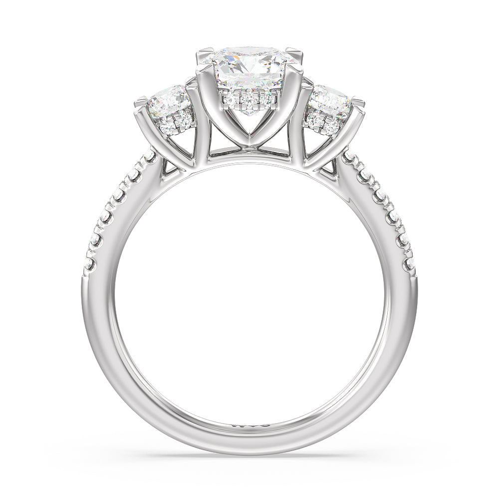 Cushion Cut Three Stone Hidden Halo Cathedral Engagement Ring with Lab Grown Diamond in 14KT Platinum view 4
