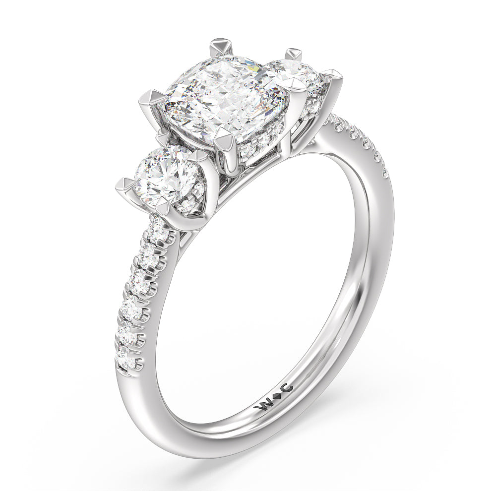 Cushion Cut Three Stone Hidden Halo Cathedral Engagement Ring with Lab Grown Diamond in 14KT Platinum view 5
