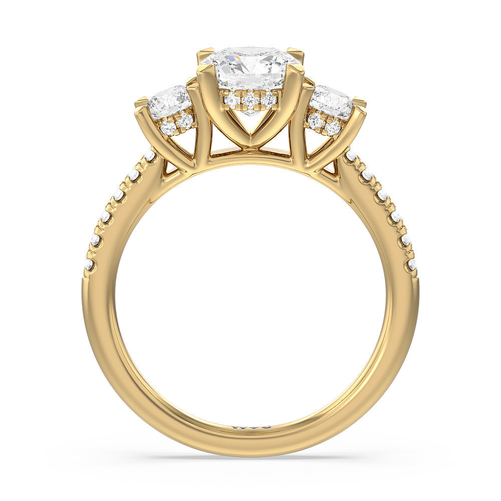 Cushion Cut Three Stone Hidden Halo Cathedral Engagement Ring with Lab Grown Diamond in 14KT Yellow Gold view 4
