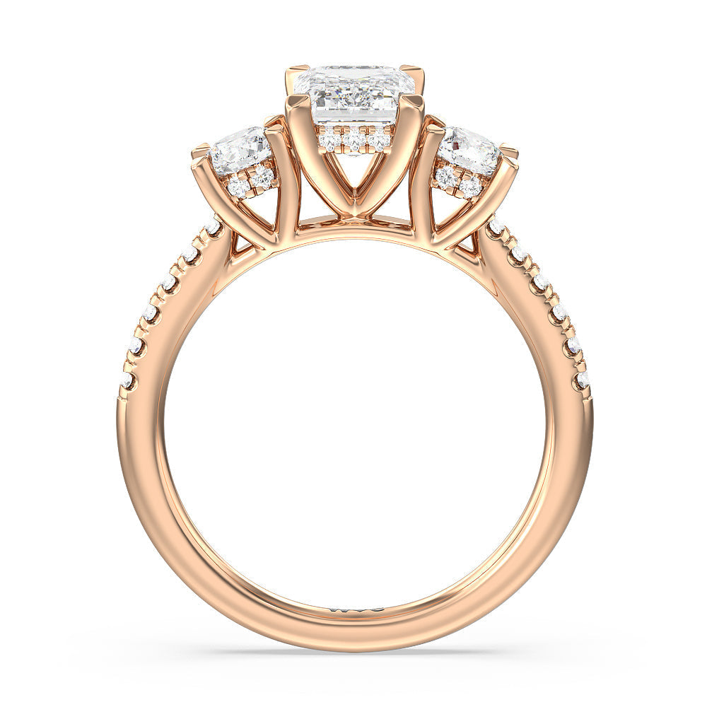 Emerald Cut Three Stone Hidden Halo Cathedral Engagement Ring with Lab Grown Diamond in 14KT Rose Gold view 4
