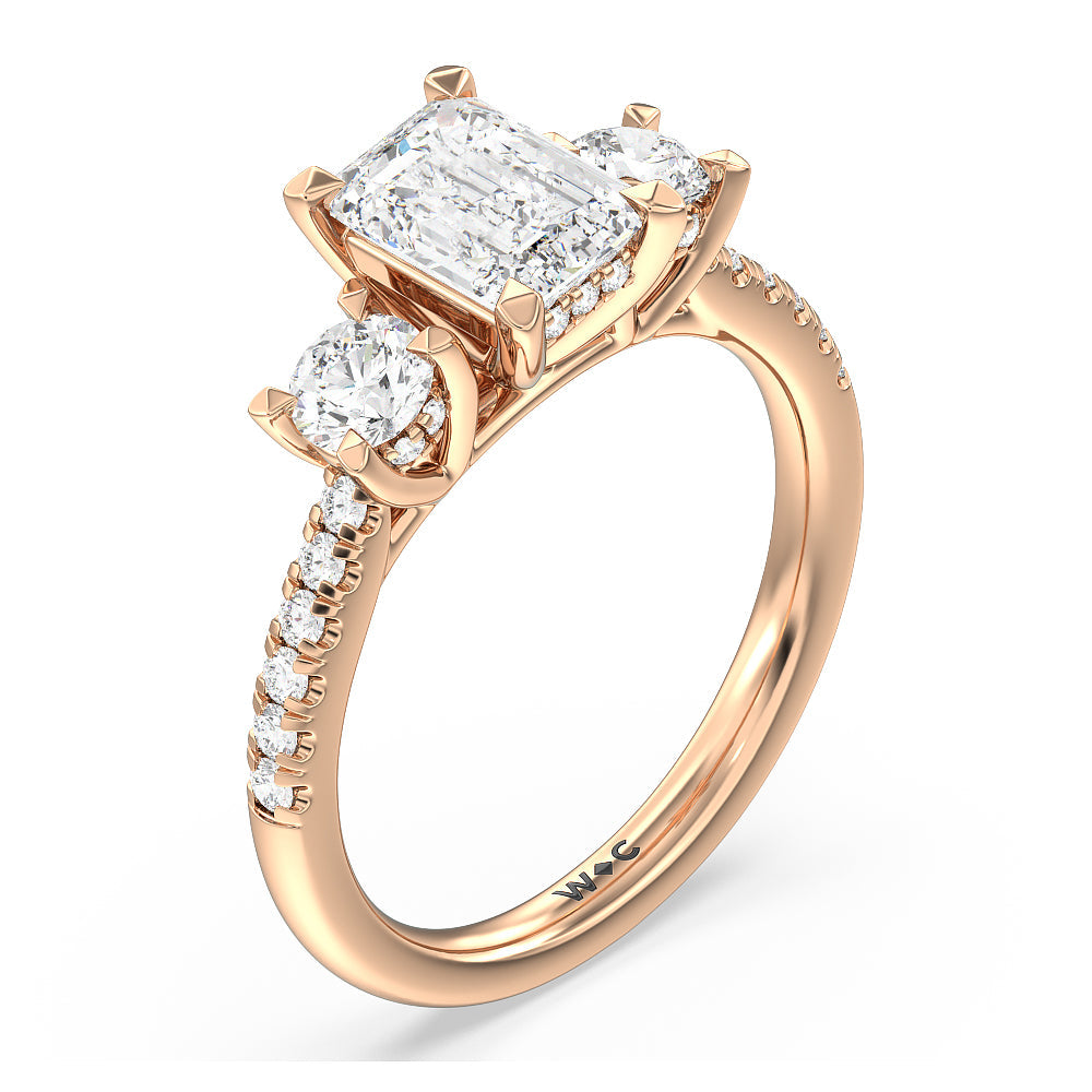 Emerald Cut Three Stone Hidden Halo Cathedral Engagement Ring with Lab Grown Diamond in 14KT Rose Gold view 5
