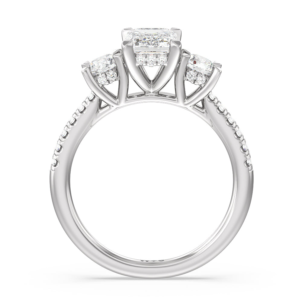 Emerald Cut Three Stone Hidden Halo Cathedral Engagement Ring with Lab Grown Diamond in 14KT Platinum view 4
