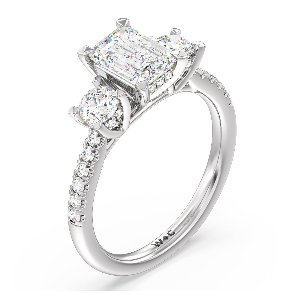 Emerald Cut Three Stone Hidden Halo Cathedral Engagement Ring with Lab Grown Diamond in 14KT Platinum view 5
