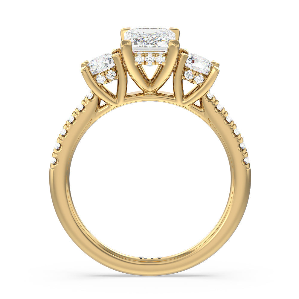 Emerald Cut Three Stone Hidden Halo Cathedral Engagement Ring with Lab Grown Diamond in 14KT Yellow Gold view 4

