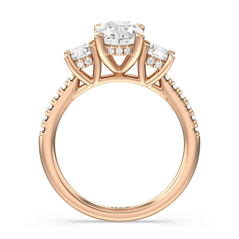 Oval Cut Three Stone Hidden Halo Cathedral Engagement Ring with Lab Grown Diamond in 14KT Rose Gold view 4
