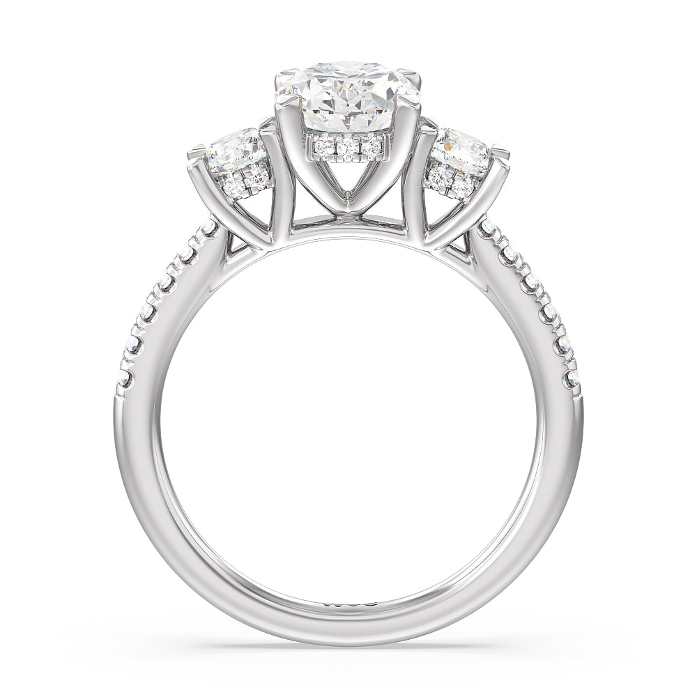 Oval Cut Three Stone Hidden Halo Cathedral Engagement Ring with Lab Grown Diamond in 14KT Platinum view 4
