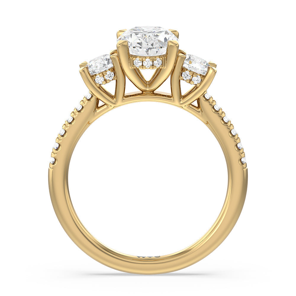 Oval Cut Three Stone Hidden Halo Cathedral Engagement Ring with Lab Grown Diamond in 14KT Yellow Gold view 4
