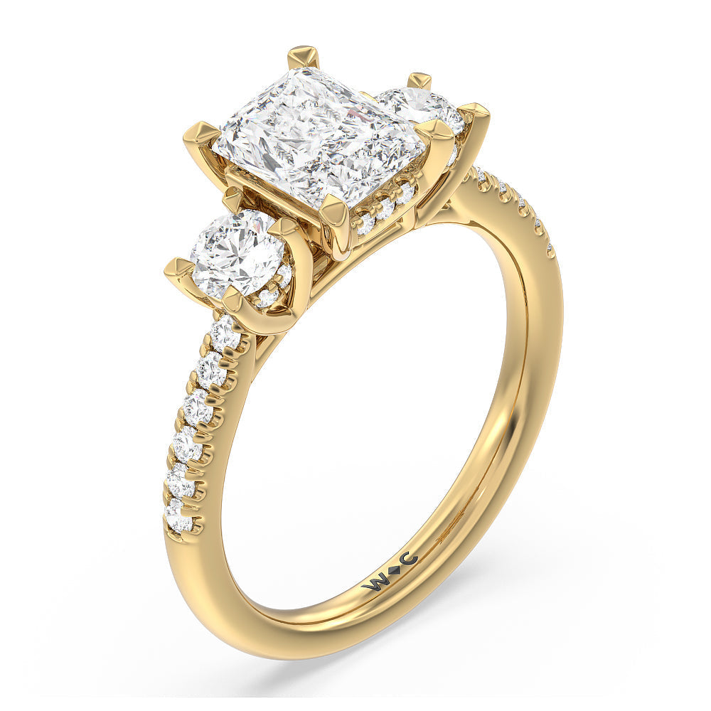 Radiant Cut Three Stone Hidden Halo Cathedral Engagement Ring with Lab Grown Diamond in 14KT Yellow Gold view 5
