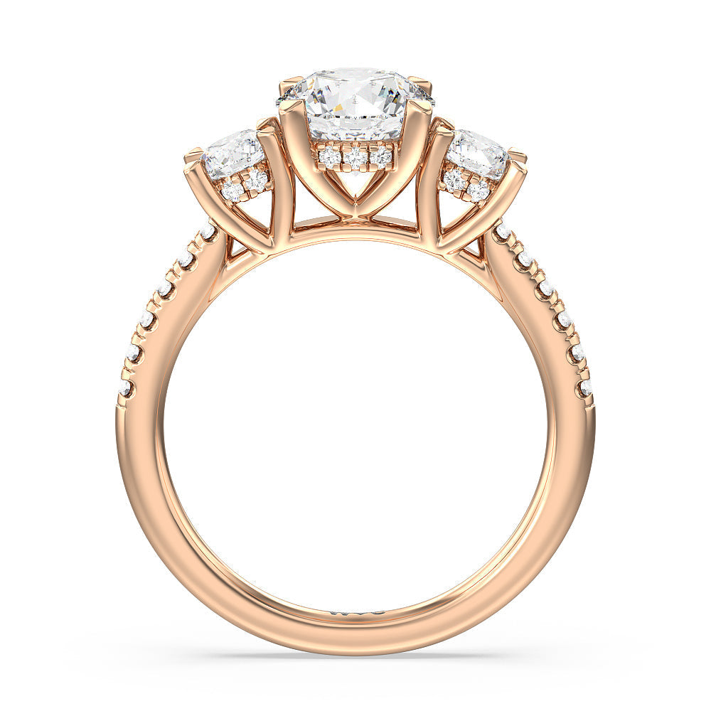 Round Cut Three Stone Hidden Halo Cathedral Engagement Ring with Lab Grown Diamond in 14KT Rose Gold view 4
