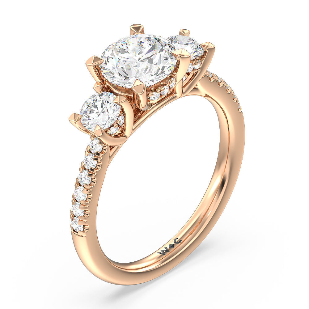 Round Cut Three Stone Hidden Halo Cathedral Engagement Ring with Lab Grown Diamond in 14KT Rose Gold view 5

