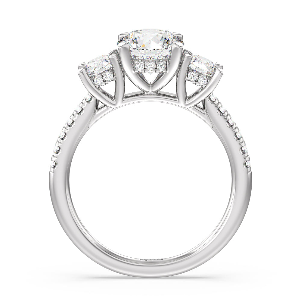 Round Cut Three Stone Hidden Halo Cathedral Engagement Ring with Lab Grown Diamond in 14KT Platinum view 4
