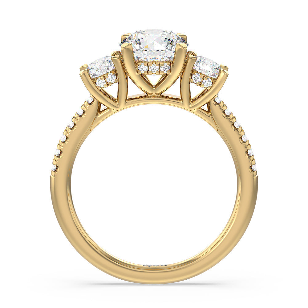 Round Cut Three Stone Hidden Halo Cathedral Engagement Ring with Lab Grown Diamond in 14KT Yellow Gold view 4
