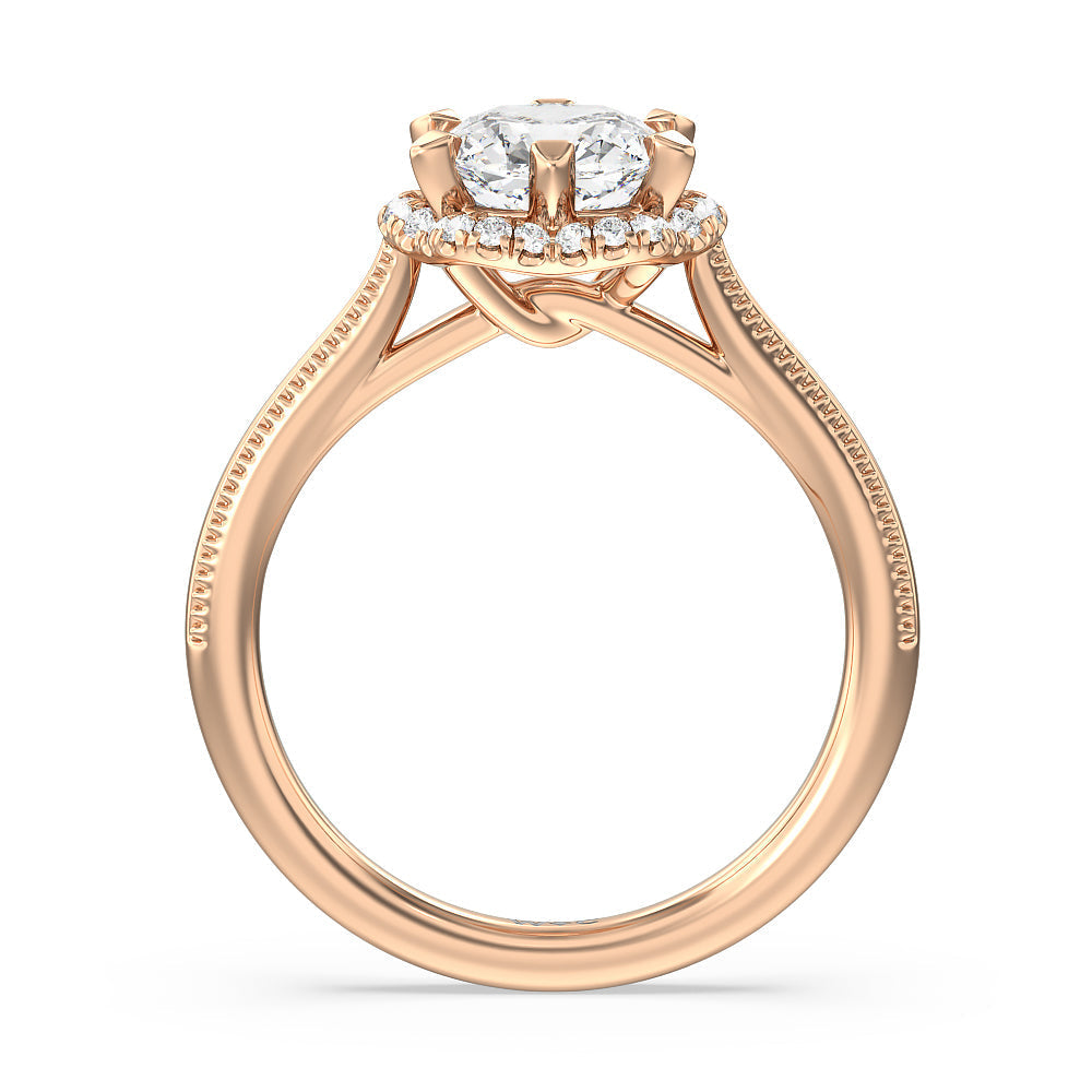 Cushion Cut Floral Halo Cathedral Engagement Ring with Lab Grown Diamond in 14KT Rose Gold view 2
