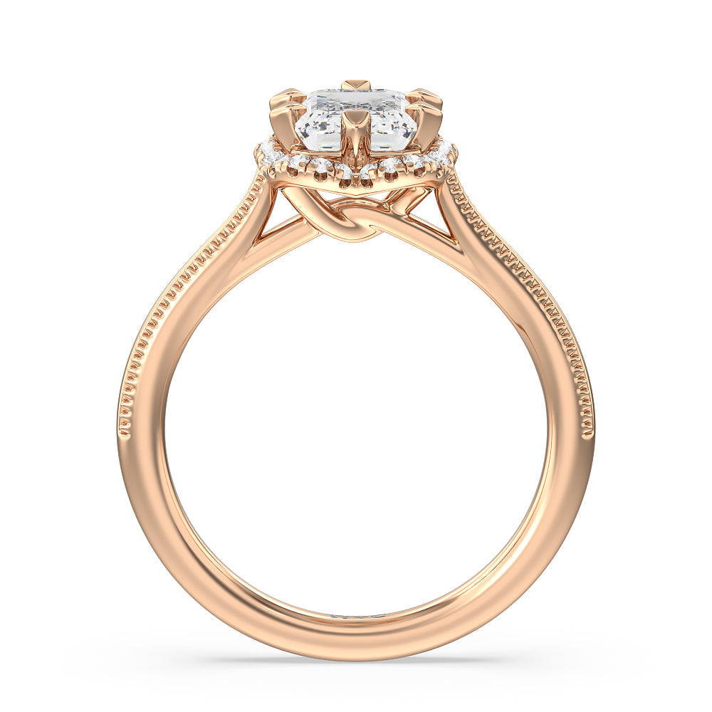 Emerald Cut Floral Halo Cathedral Engagement Ring with Lab Grown Diamond in 14KT Rose Gold view 2

