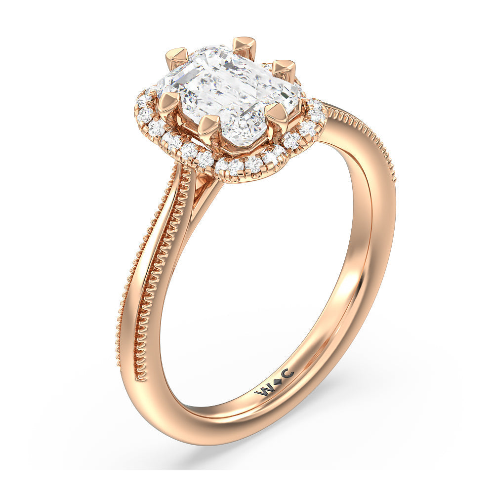 Emerald Cut Floral Halo Cathedral Engagement Ring with Lab Grown Diamond in 14KT Rose Gold view 3

