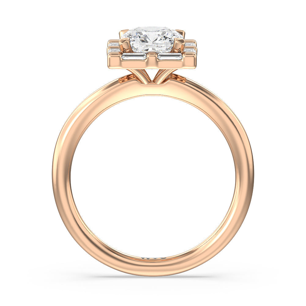 Cushion Cut Vintage Baguette Halo Engagement Ring with Lab Grown Diamond in 14KT Rose Gold view 2
