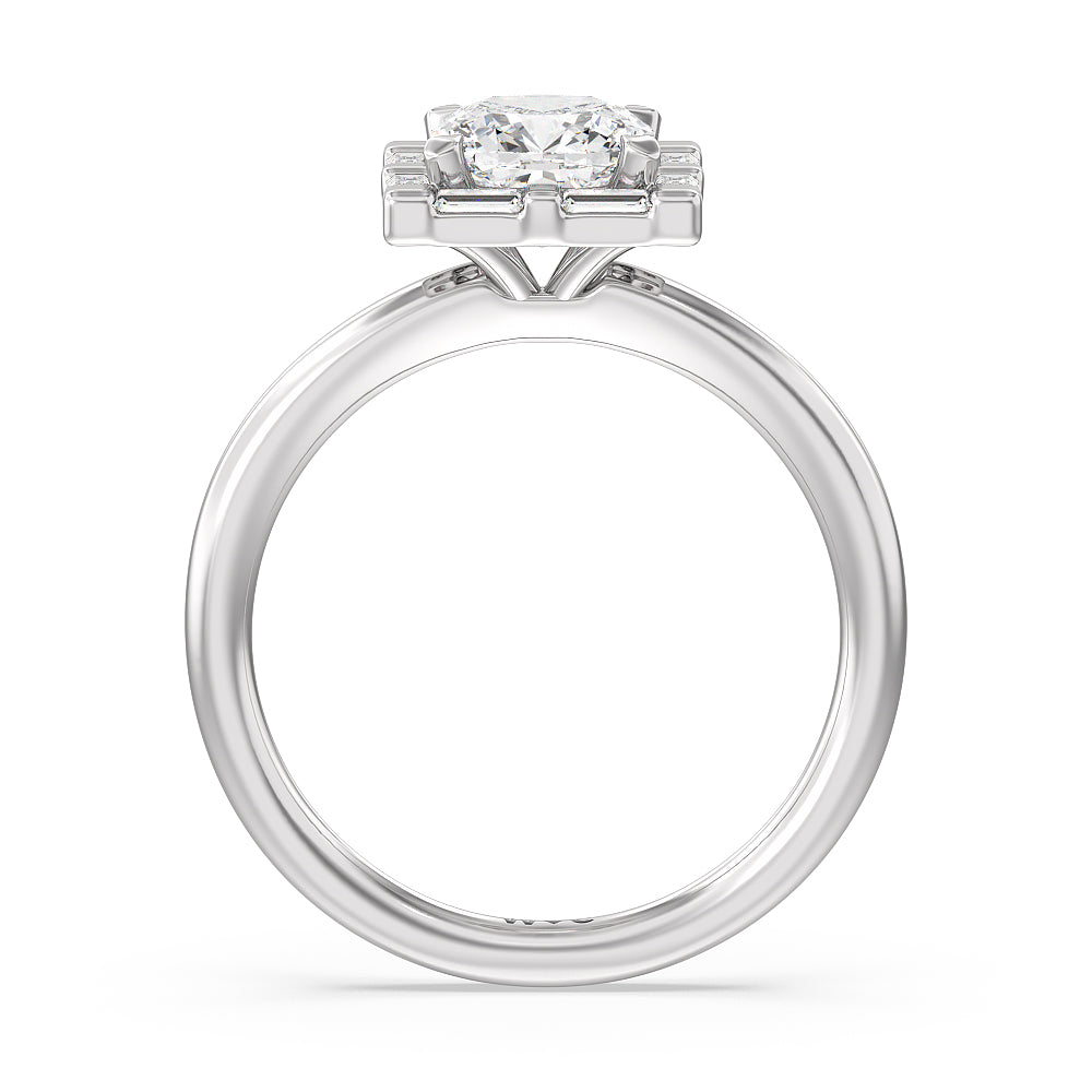 Cushion Cut Vintage Baguette Halo Engagement Ring with Lab Grown Diamond in 14KT Platinum view 2

