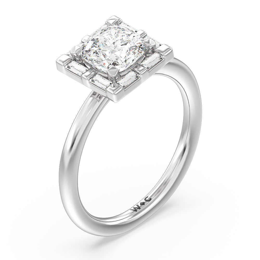 Cushion Cut Vintage Baguette Halo Engagement Ring with Lab Grown Diamond in 14KT Platinum view 3
