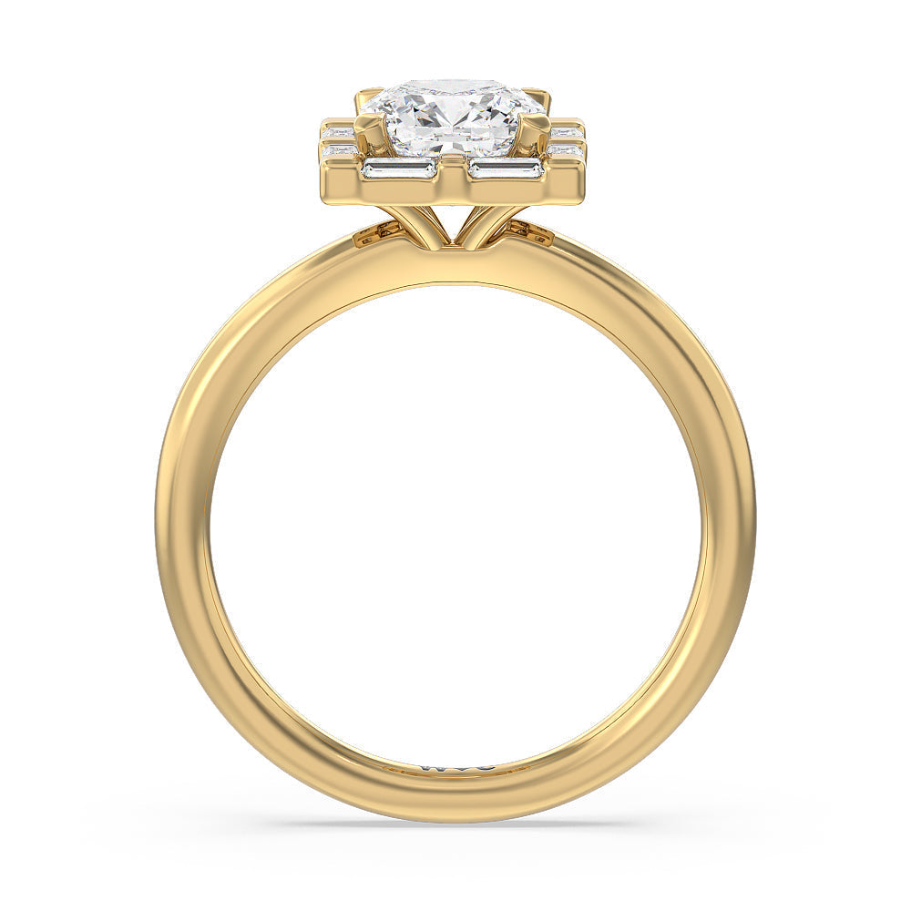 Cushion Cut Vintage Baguette Halo Engagement Ring with Lab Grown Diamond in 14KT Yellow Gold view 2
