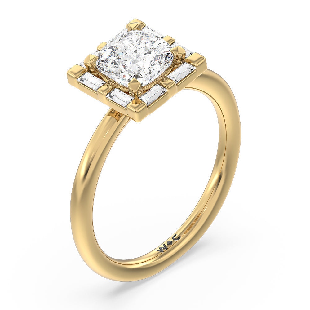 Cushion Cut Vintage Baguette Halo Engagement Ring with Lab Grown Diamond in 14KT Yellow Gold view 3
