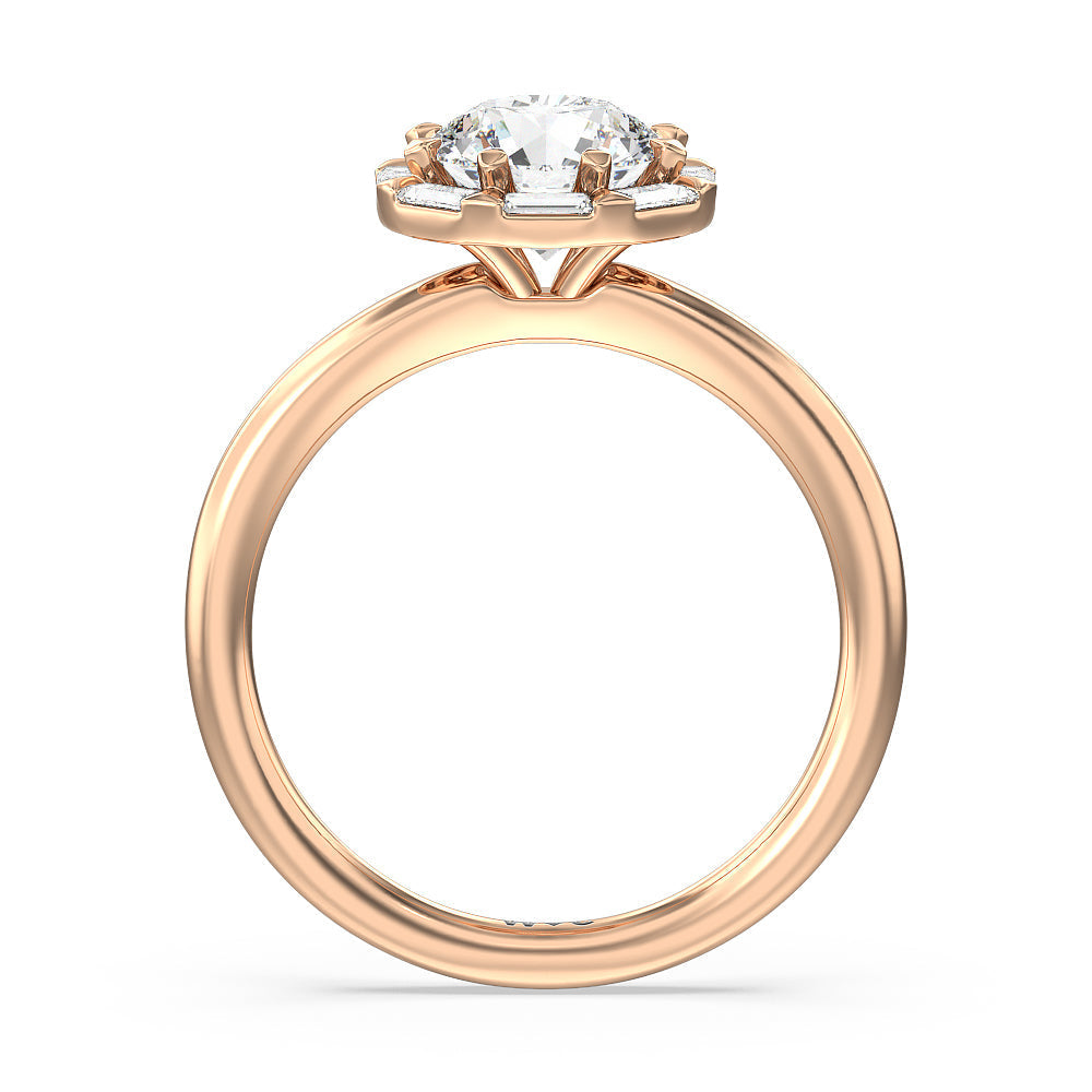 Round Cut Vintage Baguette Halo Engagement Ring with Lab Grown Diamond in 14KT Rose Gold view 2
