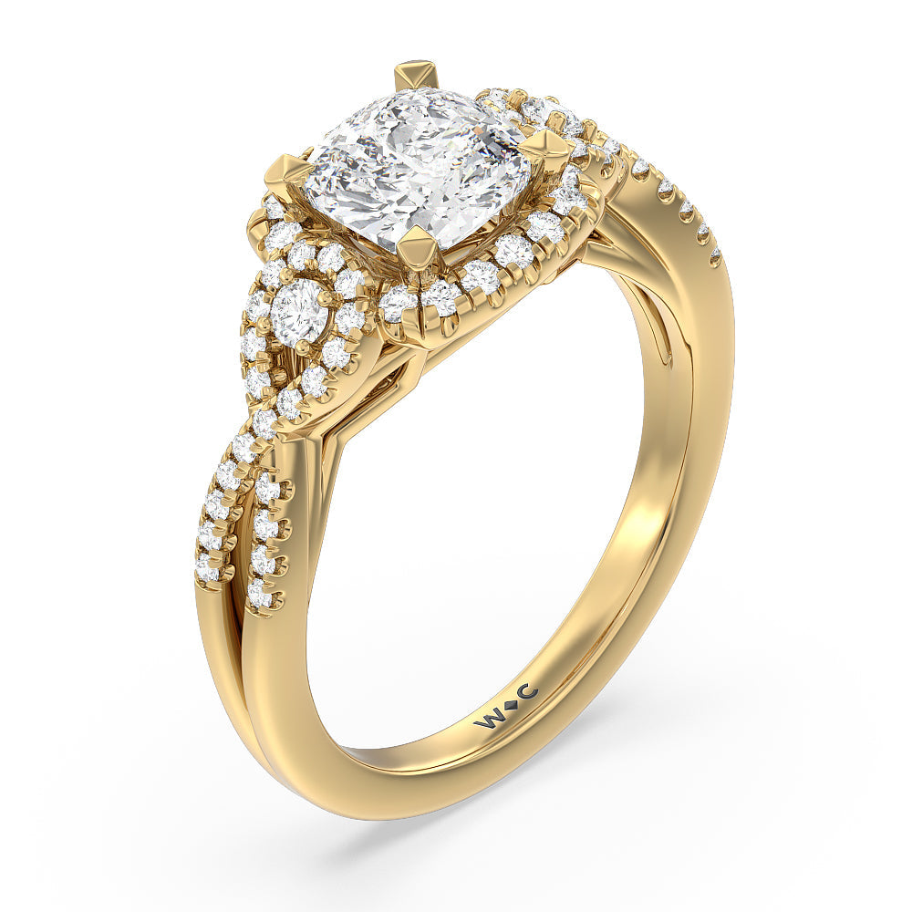 Elegant Halo Side Stone Accent Engagement Ring with Cushion Cut Diamond in 14KT Yellow Gold view 3

