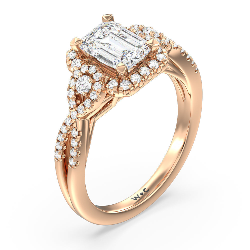 Elegant Halo Side Stone Accent Engagement Ring with Emerald Cut Diamond in 14KT Rose Gold view 3
