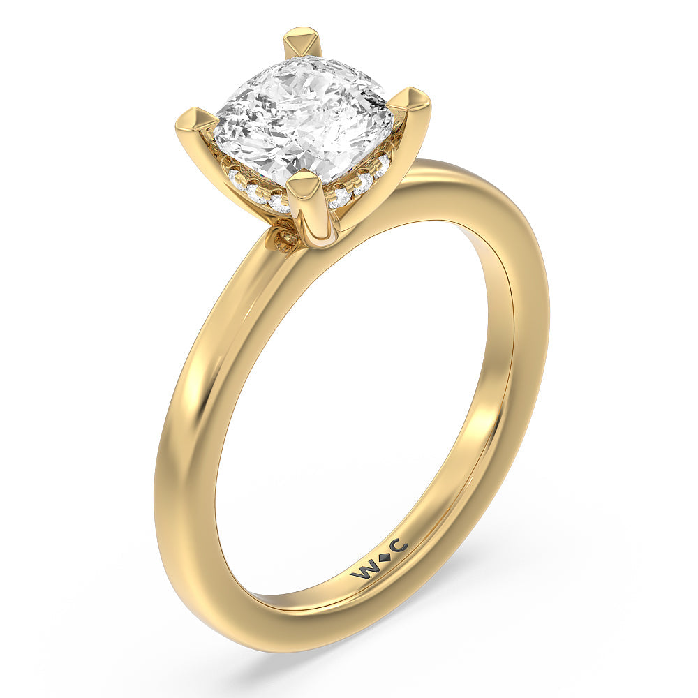 Solitaire Classic Hidden Halo Engagement Ring with Cushion Cut Diamond in 14KT Yellow Gold view 3
