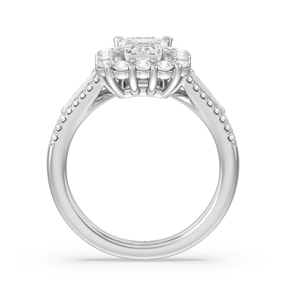 Tapering Baguette Halo Engagement Ring with Emerald Cut Diamond in 14KT Platinum view 2
