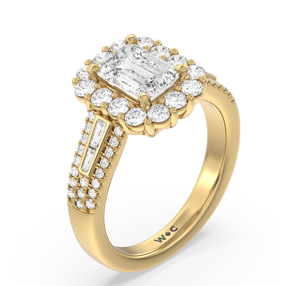 Tapering Baguette Halo Engagement Ring with Emerald Cut Diamond in 14KT Yellow Gold view 3
