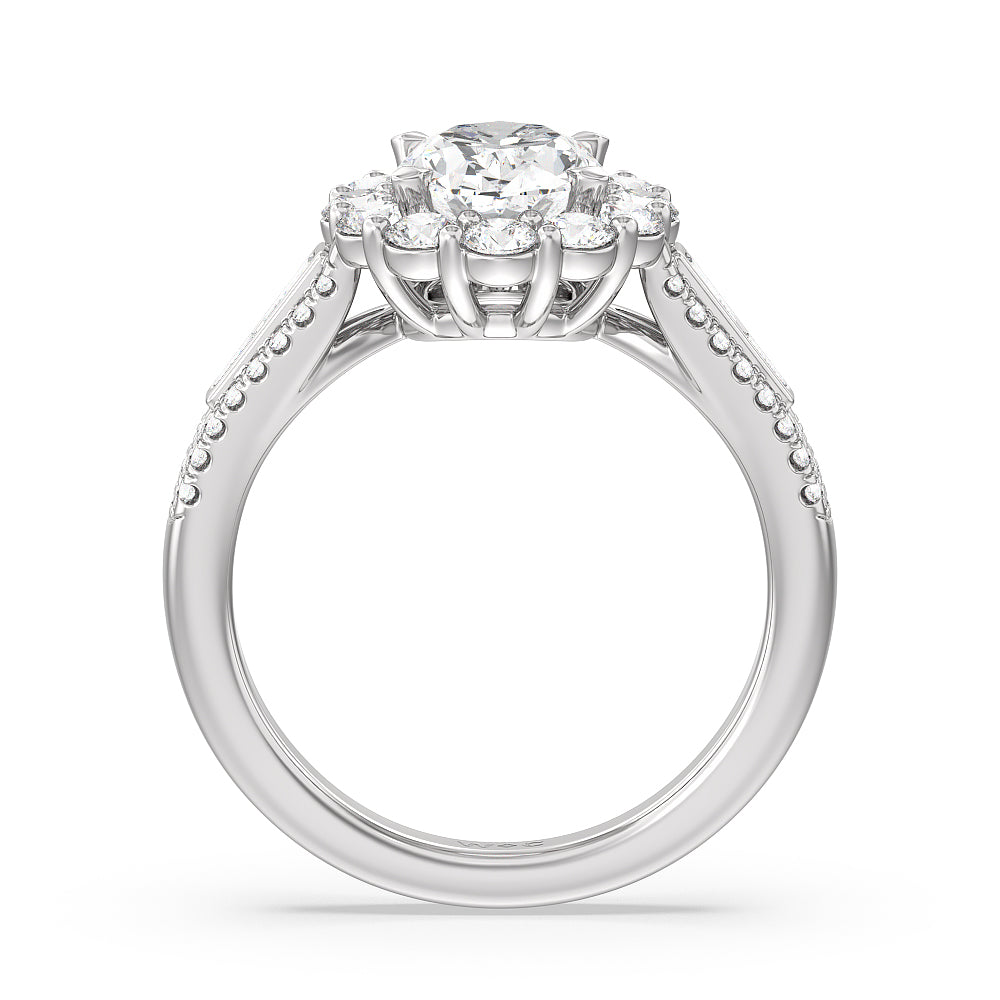 Oval Cut Tapering Baguette Halo Engagement Ring with Lab Grown Diamond in 14KT Platinum view 2

