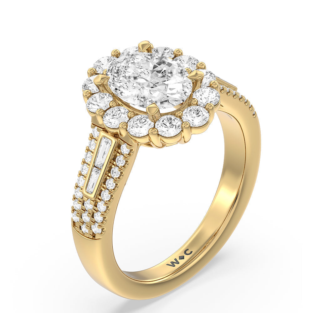 Oval Cut Tapering Baguette Halo Engagement Ring with Lab Grown Diamond in 14KT Yellow Gold view 3
