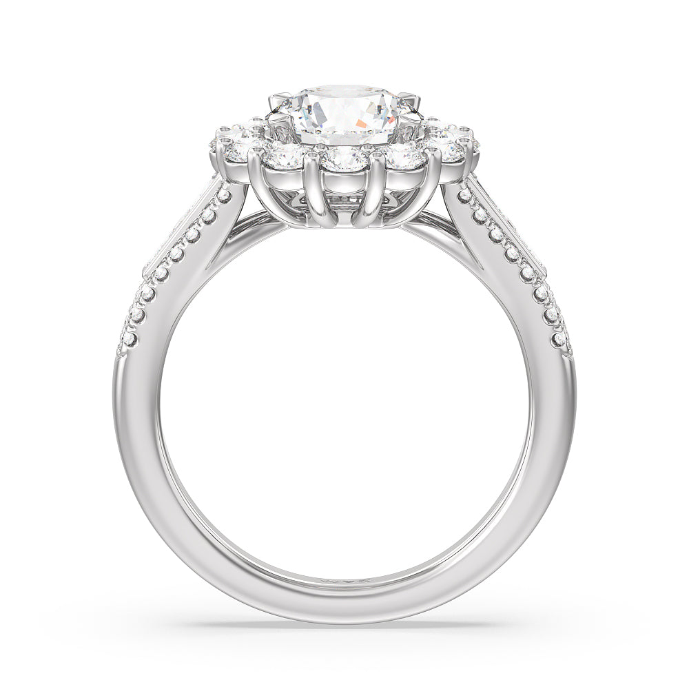 Tapering Baguette Halo Engagement Ring with Round Cut Diamond in 14KT Platinum view 2
